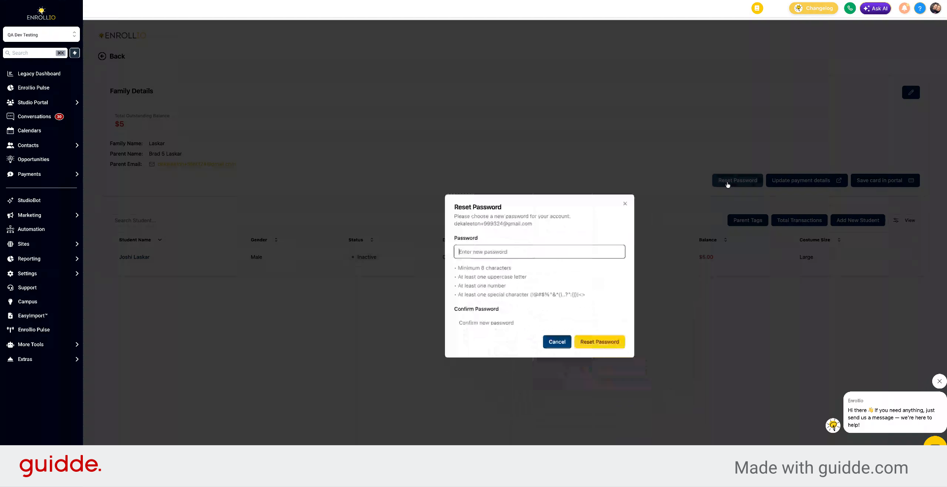 Create New Password for Parent
