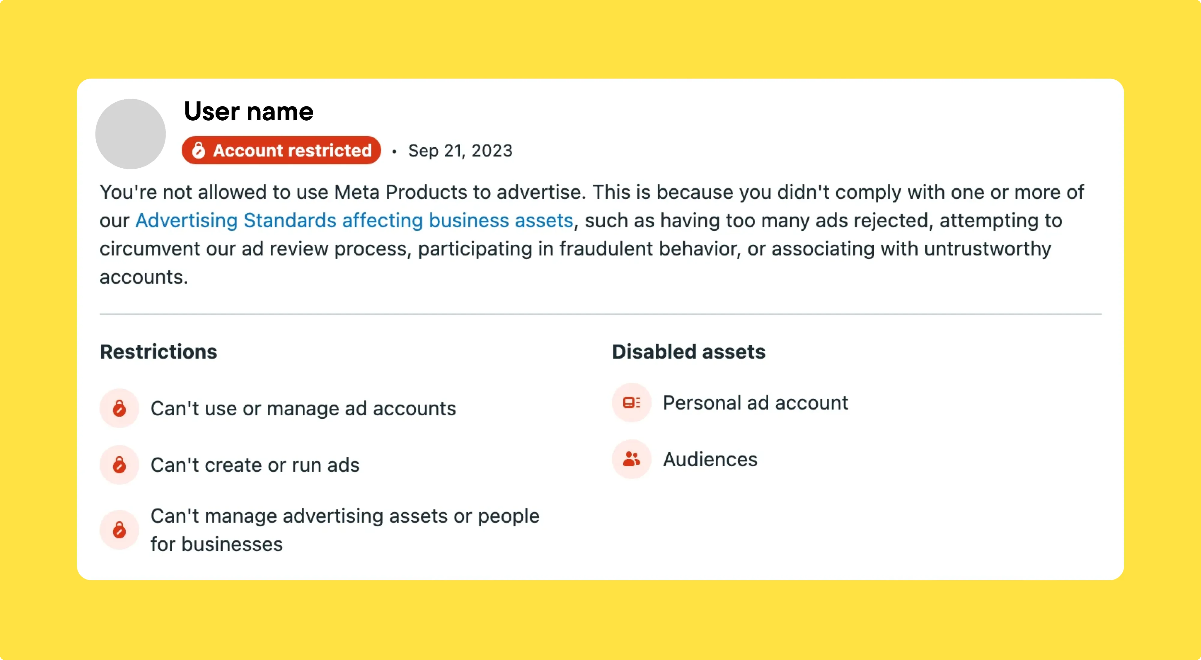 Facebook user account restricted from advertising